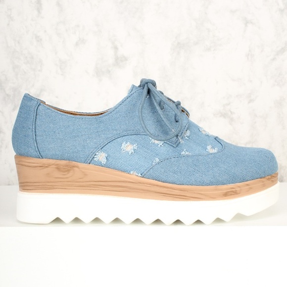 Denim Destressed Platform Lace-up Wedge - Picture 1 of 5